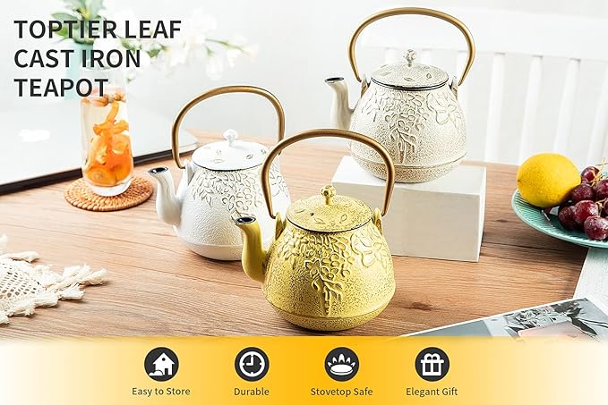 Toptier Cast Iron Tea Kettle, Stovetop Safe Japanese Cast Iron Teapot with Infuser, Leaf Design Tea Kettle for Stove Top Coated with Enameled Interior for 32 Ounce (950 ml), Creamy White