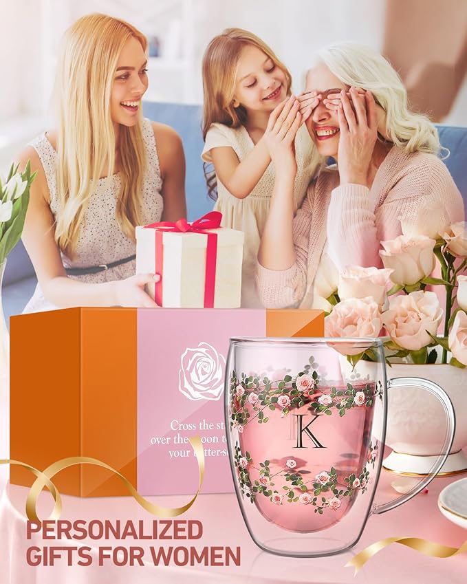 Initial Glass Cup for Women, 12oz Rose Double Walled Glass Coffee Mugs, Personalized Gifts for Women, Initial Coffee Tea Mug with Scarf, Birthday Gifts for Her Mom Friend (ROSE-N)