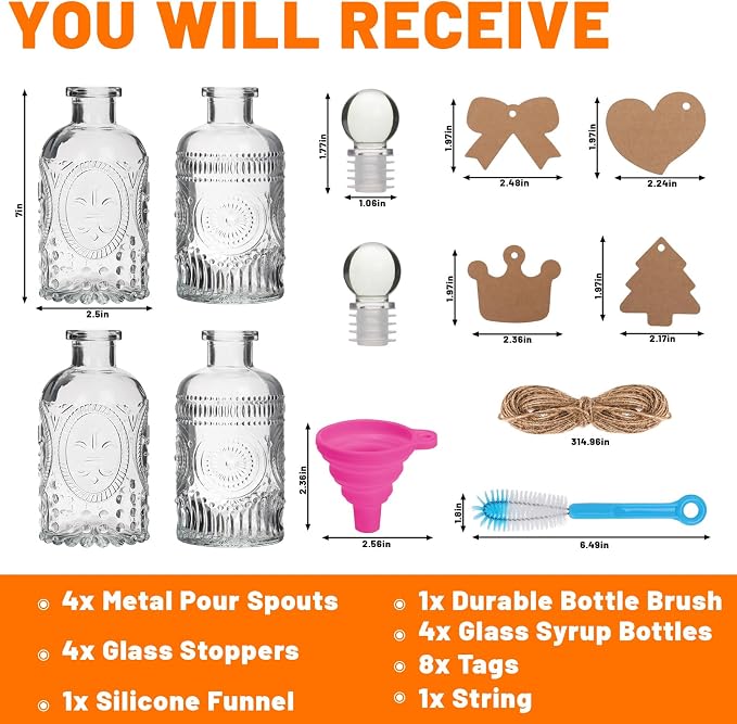 7oz Glass Coffee Syrup Dispenser, 4-Pack Complete Set with Funnel, Brush, Stoppers & Accessories - Syrup Bottles for Coffee Bar with Metal Pour Spout, Ideal for Maple,Oil, Vinegar,Cooking wine - Image 5