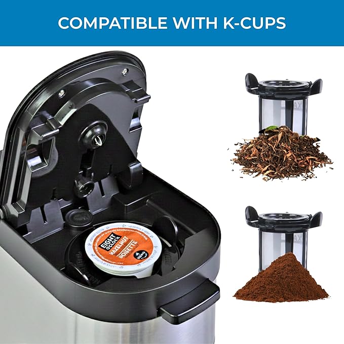 Kenmore Single Serve Coffee Maker – 6–14 Oz Brew Sizes, Compatible with Keurig K‑Cup Pods & Ground Coffee, One Cup Brewer, Travel Mug Friendly, Auto Shut‑Off, Hot & Iced Machine à café, Black