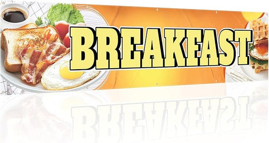 Tegeme Breakfast Banners Sign 2 x 10 Feet Breakfast Flag Decoration Oxford Fabric Banners with 10 Holes for Business Store Outside