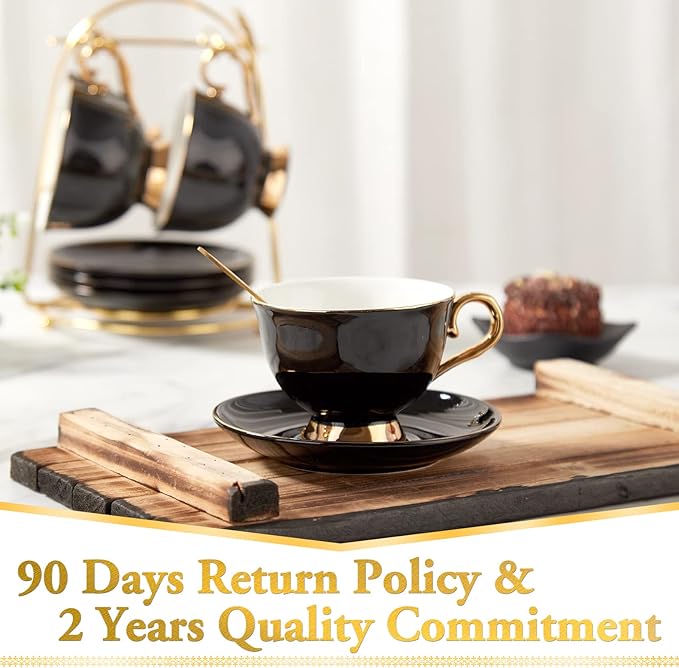 DUJUST Porcelain Tea Cup and Saucer Set with Spoon - Luxury Black British Style Modern Tea Set with Golden Trim, for Room Decoration & Tea Party - Black