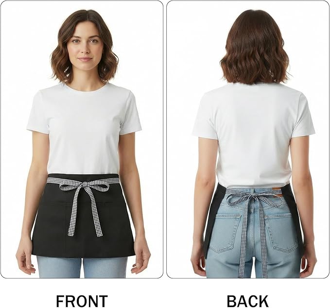 BOHARERS 3-Pocket Waist Apron With Black And White Plaid Shoulder Straps - Black Waitress Waiter Server Short Aprons