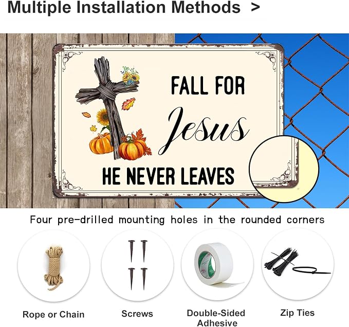 KanaAt Fall Metal Sign Home Decor Autumn Tin Sign Wall Decoration for Jesus He Never Leaves Wall Plaque Decor for Home Kitchen Porch Bedroom Porch Bedroom Coffee Shop Wall Decor 8x12 inch, diany-m83 - Image 2