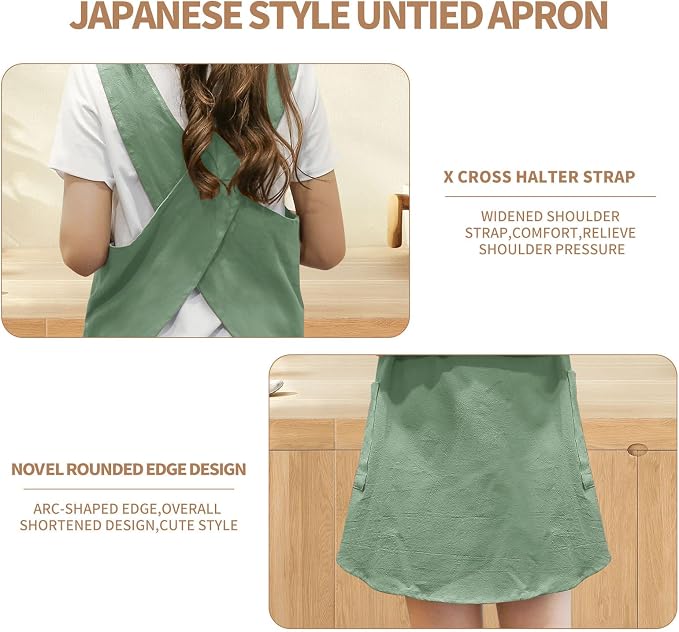 Shortened Design Apron, Japanese Style Soft Cotton Linen Apron with Two Side Pockets, X Cross Halter Aprons, Kitchen Cooking Clothes Gift for Women DIY Project, Crafting, Cooking, Baking(Mint Green) - Image 6