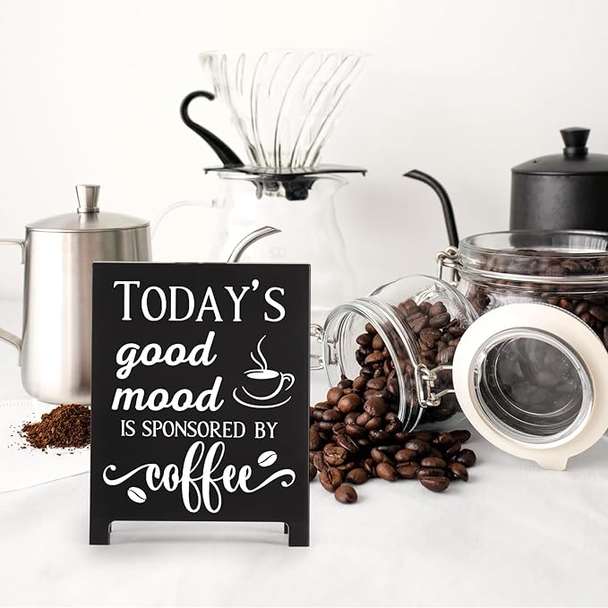 Today's Good Mood Is Sponsored By Coffee Desk Decor Sign Retro Coffees Shop Table Display for Home Office Kitchen Bar Cafe Counter Bookshelf Christmas Gift for Coffees Lovers Barista Friends