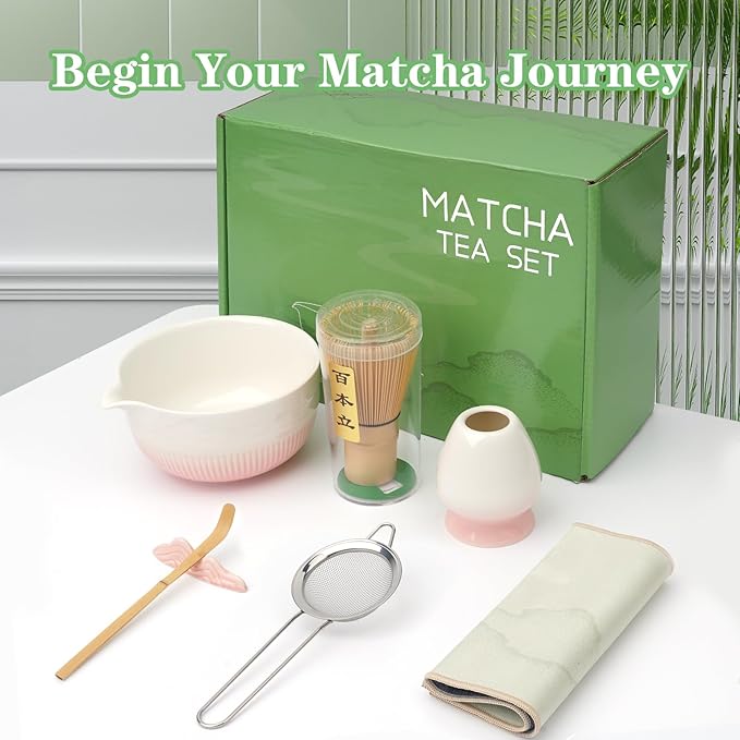 Matcha Whisk Set, 7 Pcs Ceramic Matcha Set, Includes Matcha Bowl, Matcha Whisk, Chasen Holder, Bamboo Scoop, Scoop Rest, Stainless Sifter, Tea Towel, Matcha Kit for Matcha Tea Ceremony