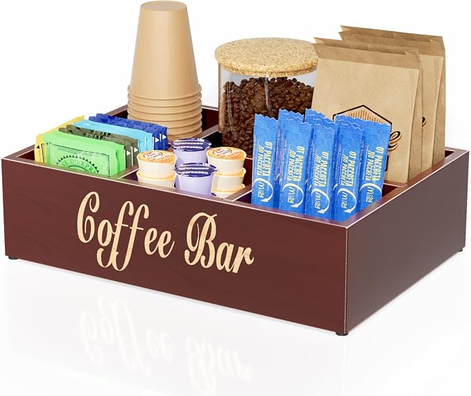 Coffee Station Organizer for Countertop, Wooden Coffee Bar Organizer with Removable Dividers, Farmhouse Coffee Pod Holder Storage Basket for Cocoa Tea Cup Dispenser, Coffee Bar Accessories Storage by DTUQYX
