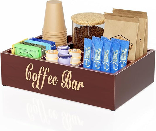 Coffee Station Organizer for Countertop, Wooden Coffee Bar Organizer with Removable Dividers, Farmhouse Coffee Pod Holder Storage Basket for Cocoa Tea Cup Dispenser, Coffee Bar Accessories Storage by DTUQYX