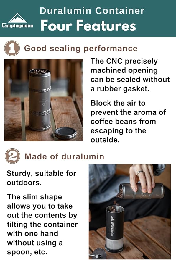 CAMPINGMOON 2-Layer Portable Coffee Bean Storage Canister Airtight Duralumin Coffee Travel Container Camping Lightweight Slim Mini Tea Caddy CNC Machined Metal Spice Jar Silver M 27g 54g CC-51-H