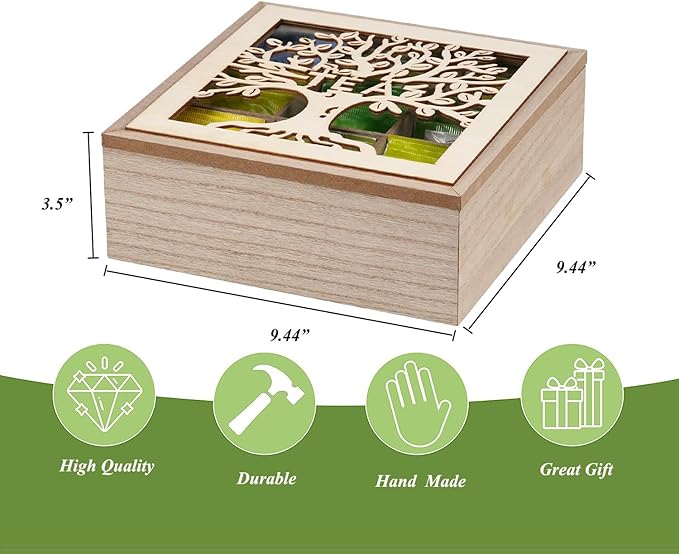 handrong Tea Box Organizer,Wood Teas Bag Holder,Tea Organizers and Storage,Teas Organizer with Tree Pattern for Home Kitchen Office