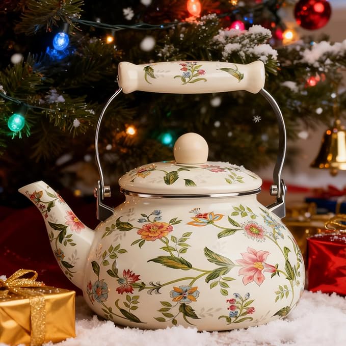 Jucoan 2.6 Quart Vintage Enamel Tea Kettle, Green Floral Enamel on Steel Teapot with Cool Touch Porcelain Handle for Stovetop Home Kitchen Decor, Gift for Housewarming Christmas New Year