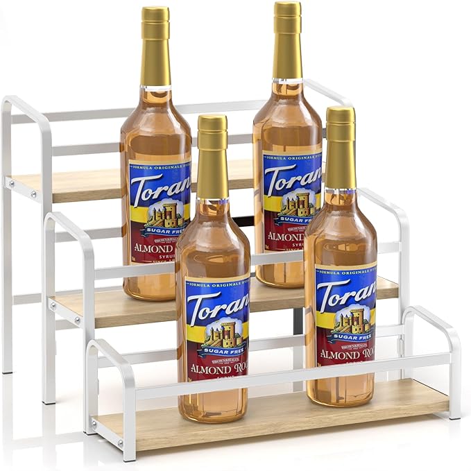 Coffee Syrup Rack,12 Bottle Capacity,3 Tier Coffee Bar Organizer,Kitchen Wine Rack,Coffee Station for Syrup, Wine Stand Shelf,Coffee Bar Accessories (Light Yellow Wood, White)
