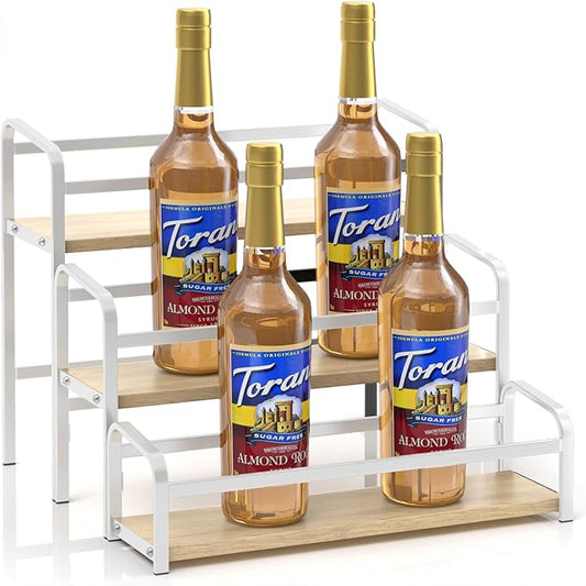 Coffee Syrup Rack,12 Bottle Capacity,3 Tier Coffee Bar Organizer,Kitchen Wine Rack,Coffee Station for Syrup, Wine Stand Shelf,Coffee Bar Accessories (Light Yellow Wood, White)