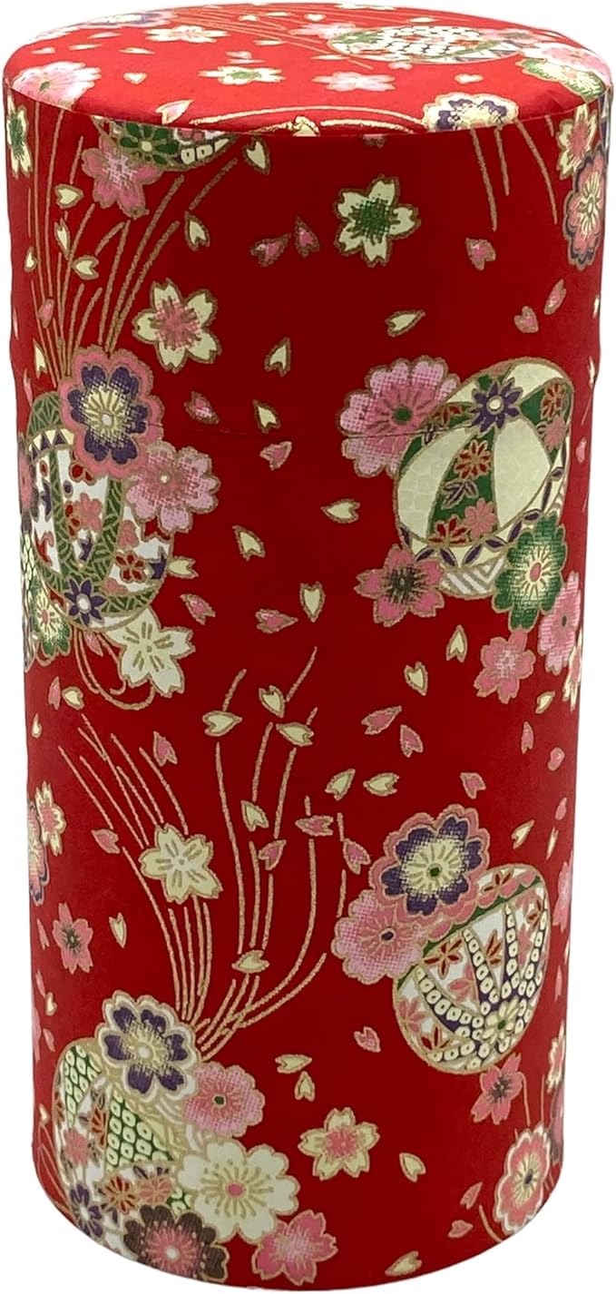 Japanese Tea Canister Tin Japanese Ball and Cherry Blossoms/Double Lid/Japanese YUZEN Washi Paper Pasted /200g Tea Capacity/Loose Leaf Tea Storage/Storage Container with Lid