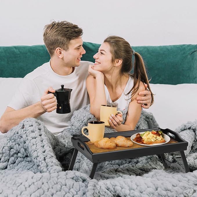 Tray Table for Bed, Bamboo Breakfast Serving Tray with Folding Legs and Handles, Laptop and Snack Bed Table with Cross Bar & Media Slot, Dark Brown with Black Legs, for Bedroom, Sofa, Kitchen