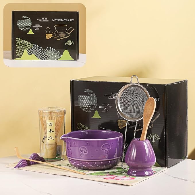 Matcha Set, 8-Piece Ceramic Matcha Bowl & Whisk Kit with Mushroom Pattern, Traditional Japanese Chawan, Bamboo Chasen, Scoop & Sifter, Gift for Tea Lovers, Zen Tea Ceremony Accessories (Purple;)