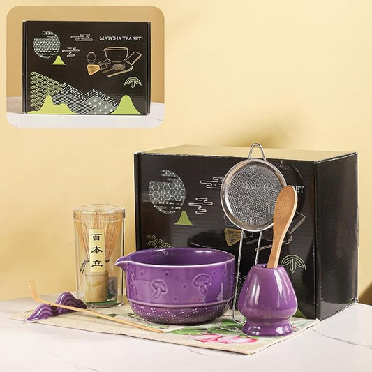 Matcha Set, 8-Piece Ceramic Matcha Bowl & Whisk Kit with Mushroom Pattern, Traditional Japanese Chawan, Bamboo Chasen, Scoop & Sifter, Gift for Tea Lovers, Zen Tea Ceremony Accessories (Purple;)