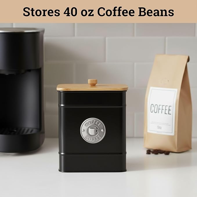 Airtight Coffee Canister - 40 oz Large Iron Black Coffee Container Airtight - 6 x 8 inch Metal Jar - Stylish Countertop Container for Grounds, Beans, Pods & More with Rubber-Lined Bamboo Lid