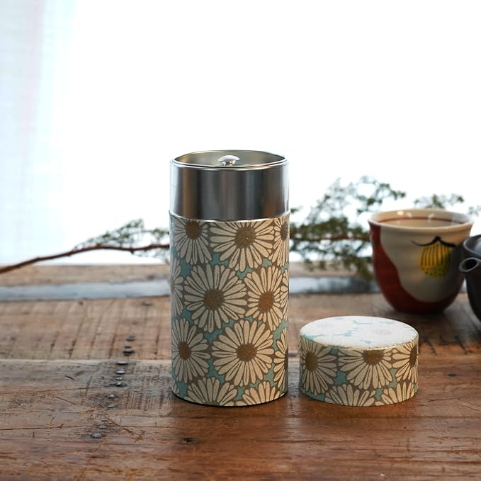 Kyoto Floral Tin Tea Canister - 7 oz Traditional Japanese Yuzen Paper Design, Airtight Storage for Fresh Tea Leaves, Ideal for Tea Ceremony Accessories Collection (Light Blue)