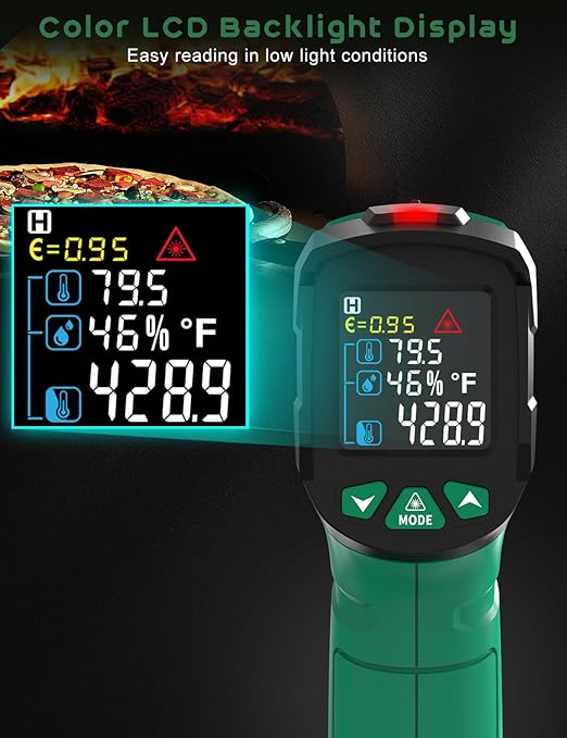 Infrared Thermometer Gun,SQECH Laser Thermometer Gun -58℉～1472℉(-50℃～800℃),Temperature Gun with Ambient Temperature&Humidity/Adjustable Emissivity/Color Backlight for Cooking, Oven,Engine,HVAC