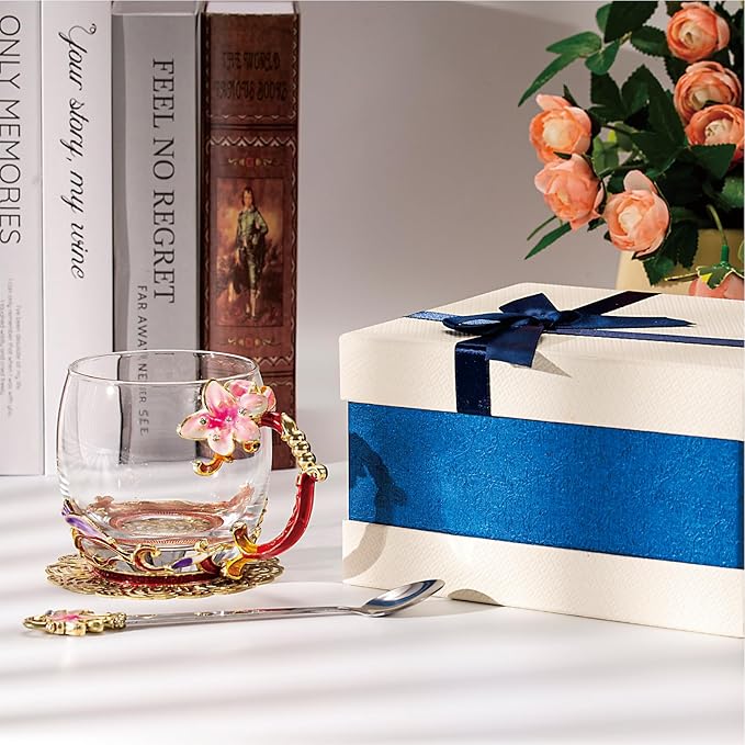 Flower Tea Cup ,Lily flower Clear Glass Fancy Coffee Mug with Spoon,Gift Box for Her Mom Wife Grandma Girls Friends Valentines Christmas Birthday Present Idea for Juice,Hot And Cold Drinks Use