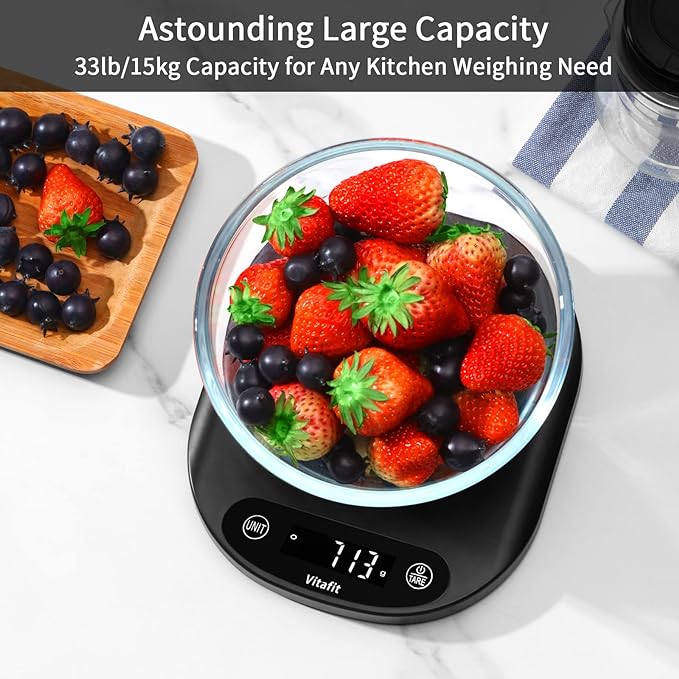 Vitafit 33lb/15kg Digital Food Scale in High Precision 0.1oz/1g, Our Own Kitchen Scale Professional Factory Since 2001, Home and Kitchen Essentials for Cooking and Baking, LED, 3*AAA Batteries, Black