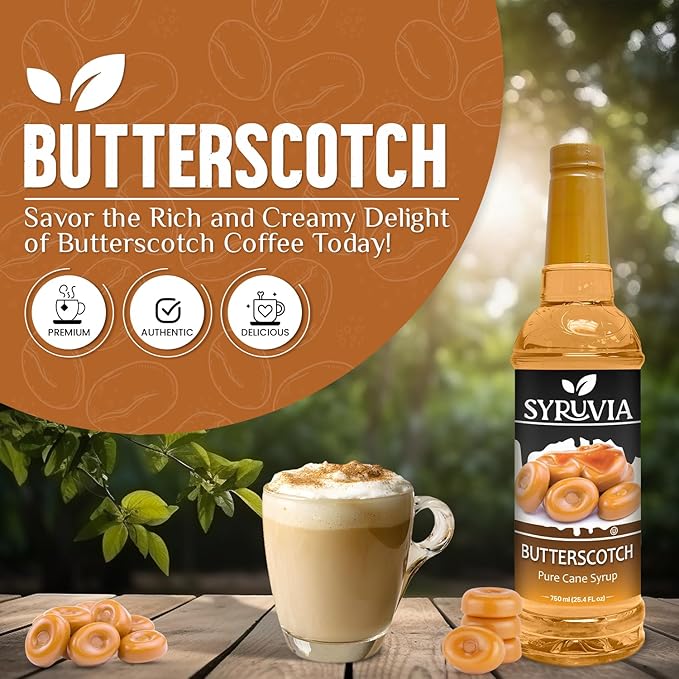 Syruvia Coffee Syrup, Butterscotch Flavored Syrup for Drinks, Lattes, and Desserts – 25.4 fl oz,
