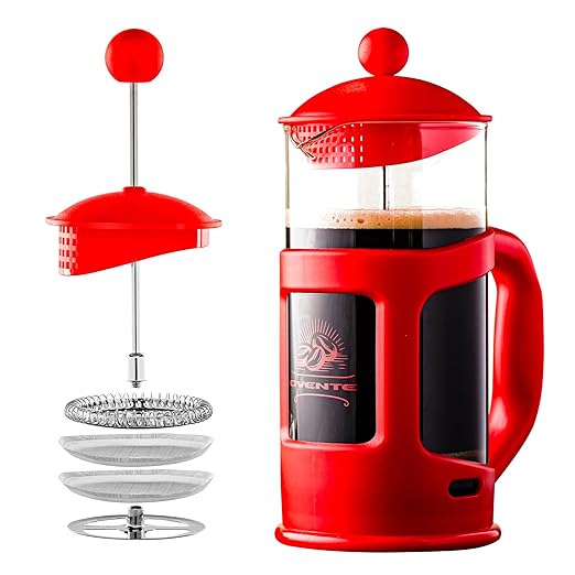 OVENTE French Press Coffee Maker 34 Ounce with Heat Resistant Borosilicate Glass & Stainless Steel 4-Level Filtration System, Portable Cold Brew Coffee Maker for Travel, Camping or Gift, Red FPT34R