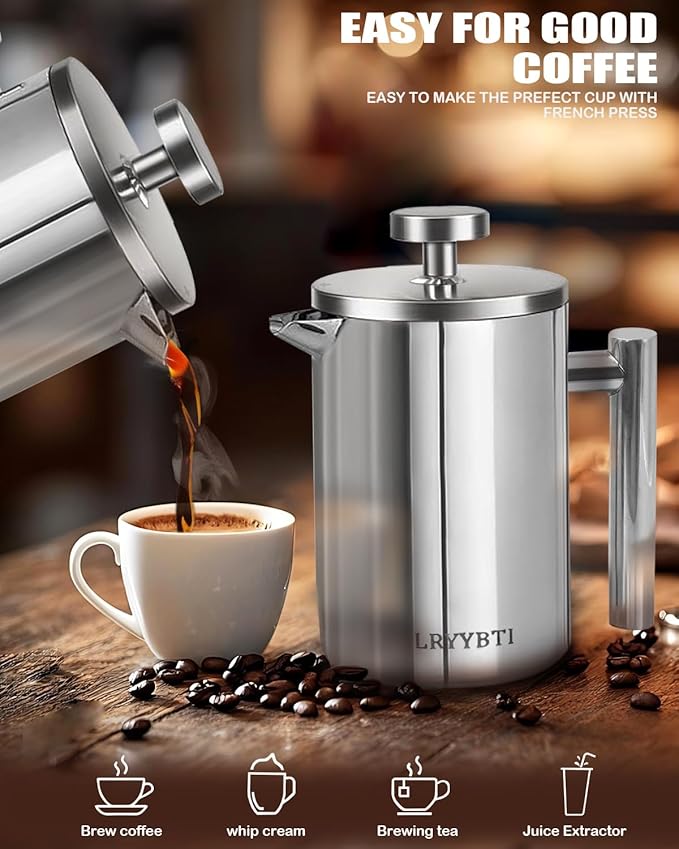 French Press Coffee Maker, Stainless Steel Coffee Press with scale lines (Silver, 17 OZ)