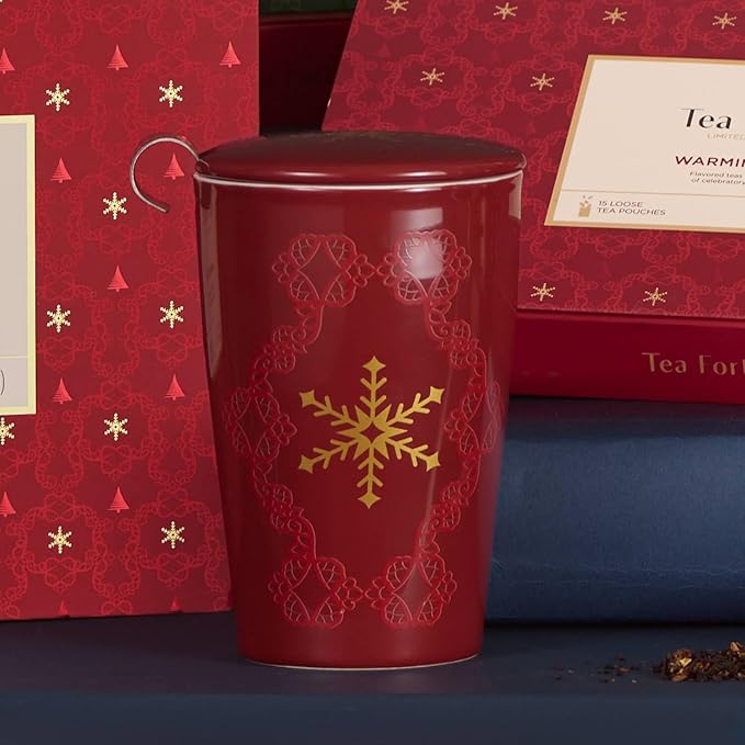 Tea Forte Double-Walled Ceramic Kati Cup, Removable Stainless Steel Infuser Basket and Lid, Steeps 12 oz Loose Leaf Tea, Dishwasher & Microwave Safe, Warming Joy