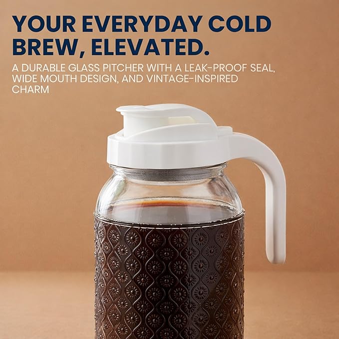 Godinger Cold Brew Coffee Maker 64 oz – Airtight Glass Mason Jar Pitcher Brewer with Leak-Proof Lid & Handle, Wide Mouth Iced Coffee Maker, Vintage Kitchen Decor
