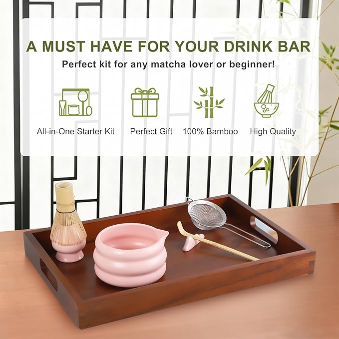 Pink Matcha Whisk Set, Ceramic Matcha Kit Set Gift Present Includes Matcha Bowl, Matcha Whisk and Holder, Bamboo Scoop, Scoop Rest, Sifter and Tea Towel - 7 Pcs Matcha Kit for Matcha Lovers