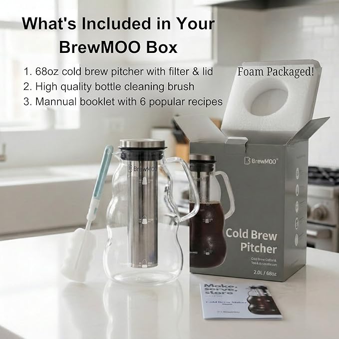 BrewMOO- Cold Brew Coffee Maker (2.0L/68Oz), Sleek Wave Borosilicate Glass Pitcher with Stainless Steel Filter, Airtight Lid + Wide Spout + Comfort Handle, Effortless Manual, Sophisticated Gift