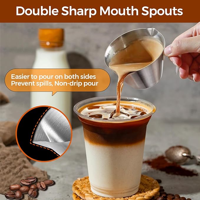10Pcs Stainless Steel Espresso Cups, Double Spout Metal Espresso Measuring Cup with Handle, Dual Scale Espresso Shot Cup with V-Shaped Mouth, 3.4oz/100ml (Silver)