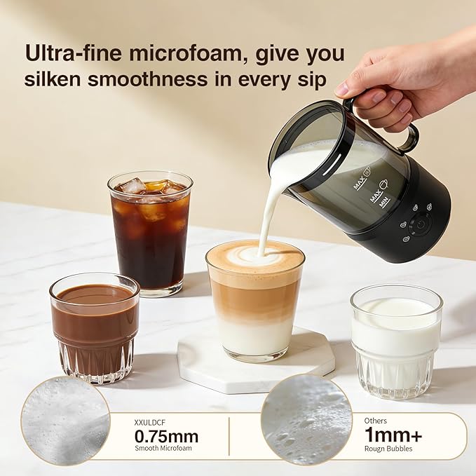 Milk Frother, 4-in-1 Electric Milk Steamer(10oz/300ml)，Automatic Hot and Cold Foam Maker for Iced Coffee, Lattes, Cappuccinos & Macchiatos, Non-Stick Interior, Black.