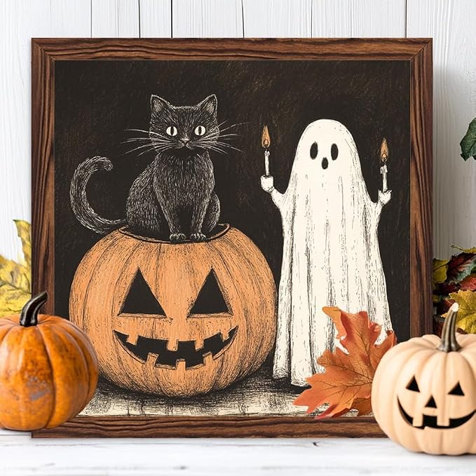 Halloween Decorative Sign Black Cat, Ghost, Pumpkin Wooden Sign, With Frame Farmhouse Festival Plaque Sign for Home Office, Cafe, Bathroom Halloween Decor 7.87x7.87 Inch - Image 3