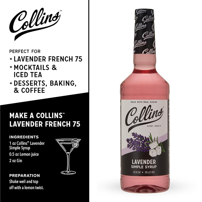 Collins Lavender Simple Syrup for Cocktails with Real Sugar, Lavender Syrup for Lemonade, Soda Water, Coffee, Iced Tea, Matcha, Baking, Desserts, Drink Mixer for Home Bar, 32 oz - Image 4