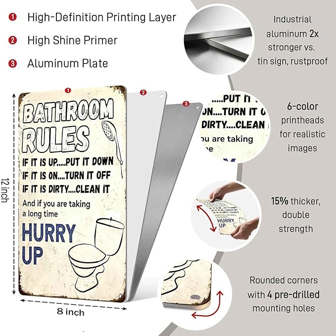 Vintage 'Bathroom Rules' Metal Tin Sign – Funny Wall Art for Bathroom Decor, 8x12 Inch