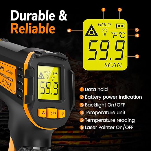 Infrared Thermometer Digital Temperature Gun Laser Meat Thermometer for Cooking, Food, Pizza Ovens, Grilling, Engine, Candy, Laser Griddle, Indoor HVAC Refrigerator Tool -58°F to 1112°F (-50℃~600℃)