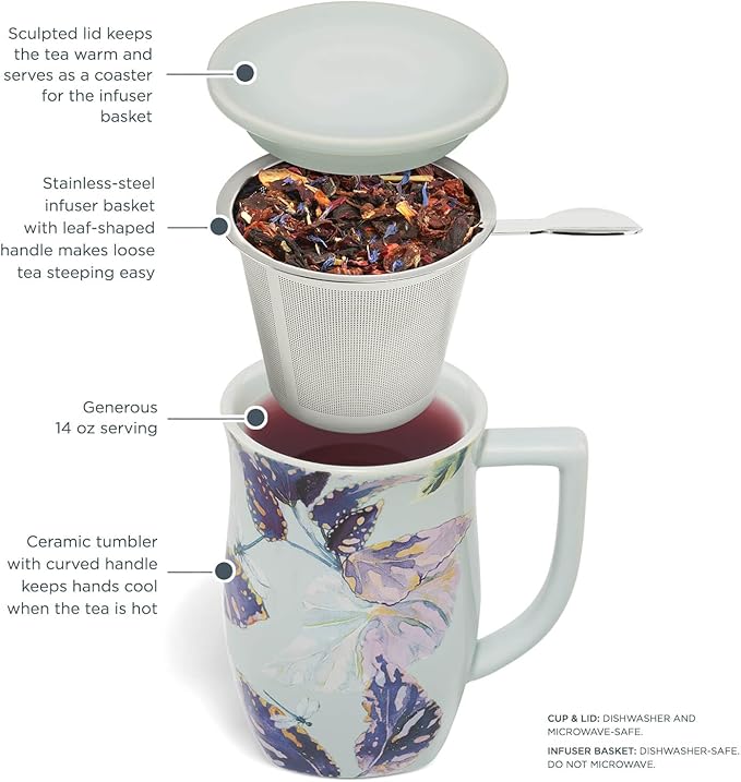 Tea Forte Ceramic Fiore Cup with Handle, Easter Basket Ideas, Removeable Stainless Steel Infuser Basket and Lid, Steeps 14 oz Loose Leaf Tea, Dishwasher & Microwave Safe, Demoiselle