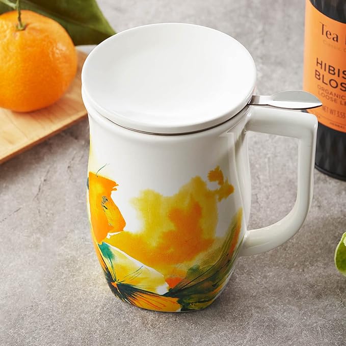 Tea Forte Ceramic Fiore Cup with Handle, Removeable Stainless Steel Infuser Basket and Lid, Steeps 14 oz Loose Leaf Tea, Dishwasher & Microwave Safe, Wild Poppy