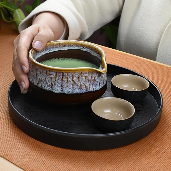 Artcome Matcha Tool Set - Complete Kit with Matcha Bowl with Spout, Bamboo Whisk, Tea Scoop & Whisk Holder, Golden Glaz