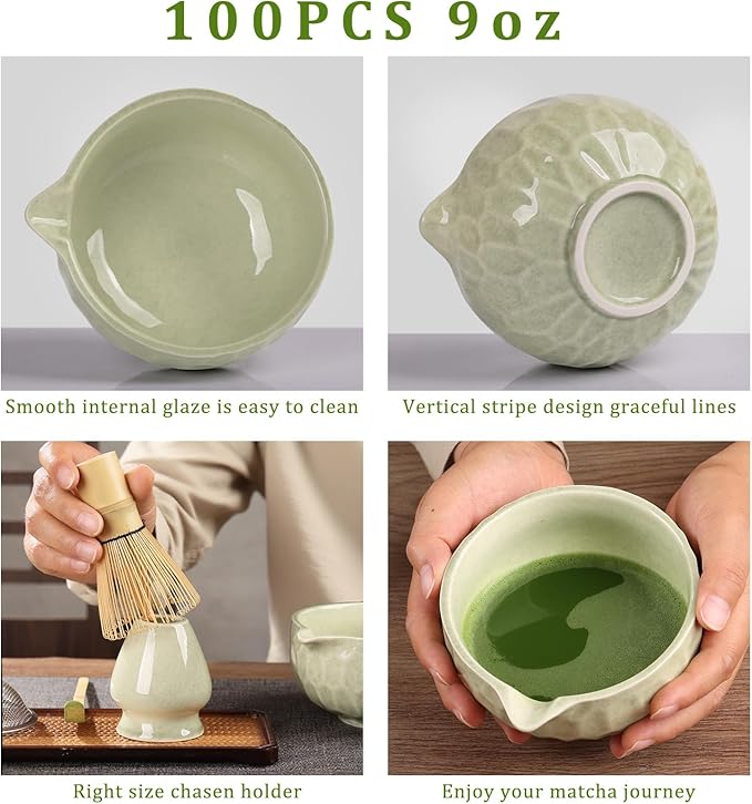 Matcha whisk Set,Japanese Matcha Set,Matcha Bowl with Spout,Matcha Whisk and Holder,Bamboo Scoop,Sifter - 6 Pcs Tea Set for Matcha Lover,Tea Ceremony(Green)