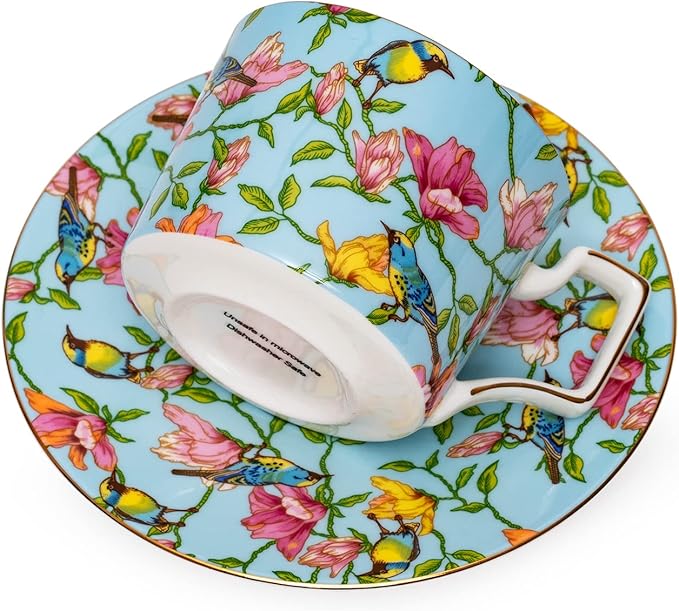 Vintage 8 Ounces Teacup and Saucers Set Floral Tea Cups Set Bone China TeaCups Coffee Tea Cup for Tea Party Women Mom (Blue)