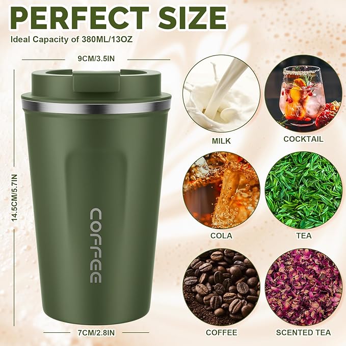 MOMSIV 12oz Travel Mug, Insulated Coffee Cup with Leakproof Lid, Vacuum Stainless Steel Double Walled Reusable Tumbler for Hot and Cold Water Coffee and Tea In Travel and Car Armygreen
