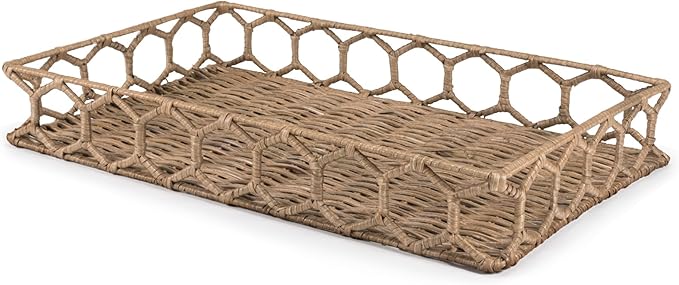 happimess TRY1001A Honeycomb 19.75" Rustic Bohemian Hand-Woven Rattan Tray for Storage,Decoration, Display, Coffee Table or Serving Food, Natural