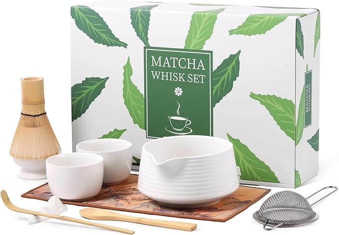 HELPLX Matcha Whisk Set, 10-Piece Japanese Matcha Kit with Bowl, Whisk & Holder, 2 Tea Cups, Bamboo Scoop, Spoon, Sifter, Scoop Rest & Tea Towel – White Matcha Tea Set for Ceremony or Daily Use
