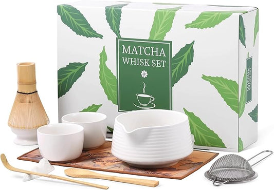 HELPLX Matcha Whisk Set, 10-Piece Japanese Matcha Kit with Bowl, Whisk & Holder, 2 Tea Cups, Bamboo Scoop, Spoon, Sifter, Scoop Rest & Tea Towel – White Matcha Tea Set for Ceremony or Daily Use