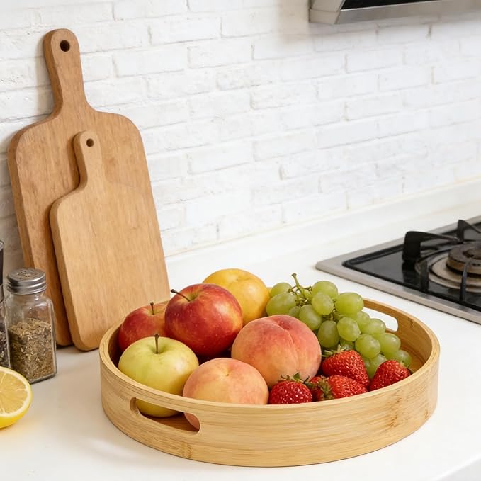 13.8 Inch Large Round Bamboo Serving Tray with Handles, Wood Round Tray for Breakfast, Drinks, Snacks on Bed Sofa and Home Dining Table (Brown)